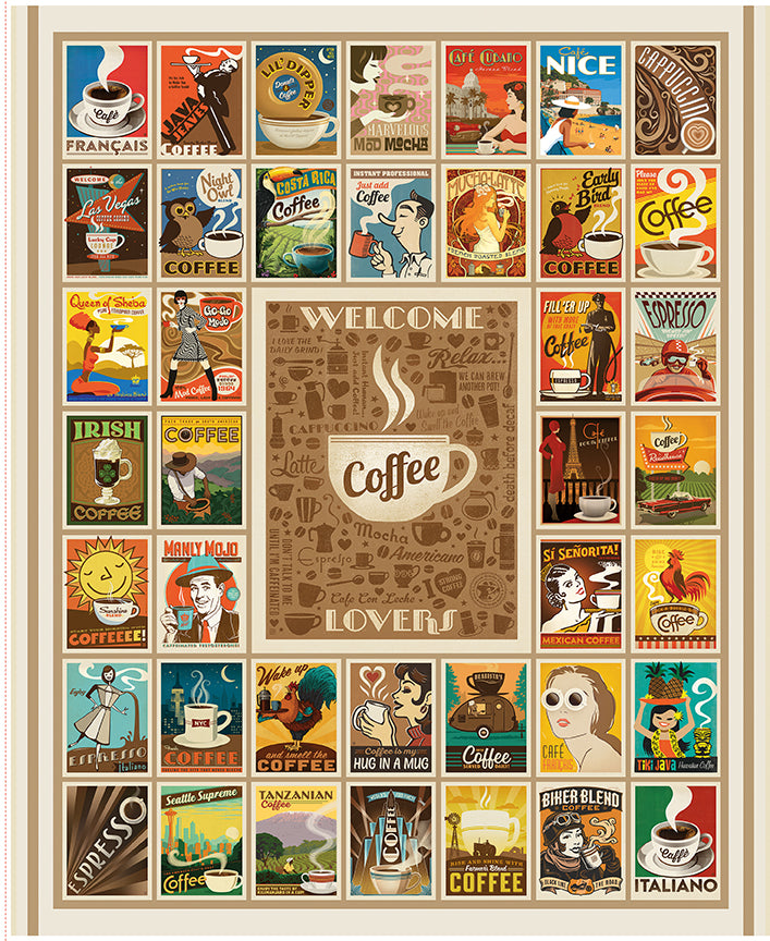 Coffee Time Quilting Panel 35.5" x 43.5" – Riley Blake Designs, Coffee Lovers Patchwork