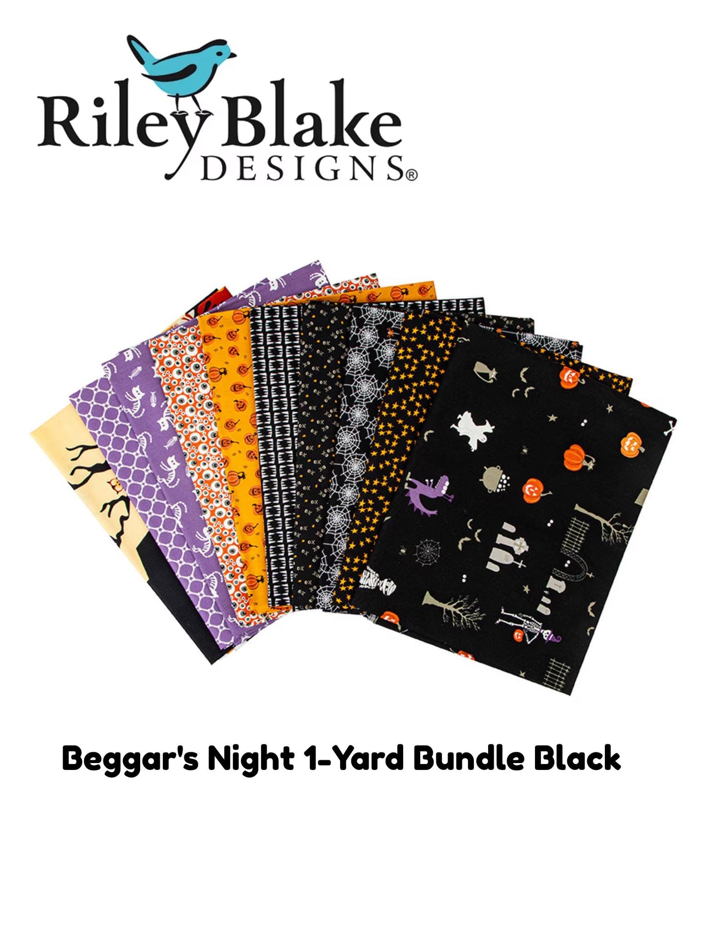 Beggar's Night 1-Yard Bundle Black - 10 Pieces - Riley Blake - Precut - 9 Prints 1 Panel - Quilting Cotton Fabric