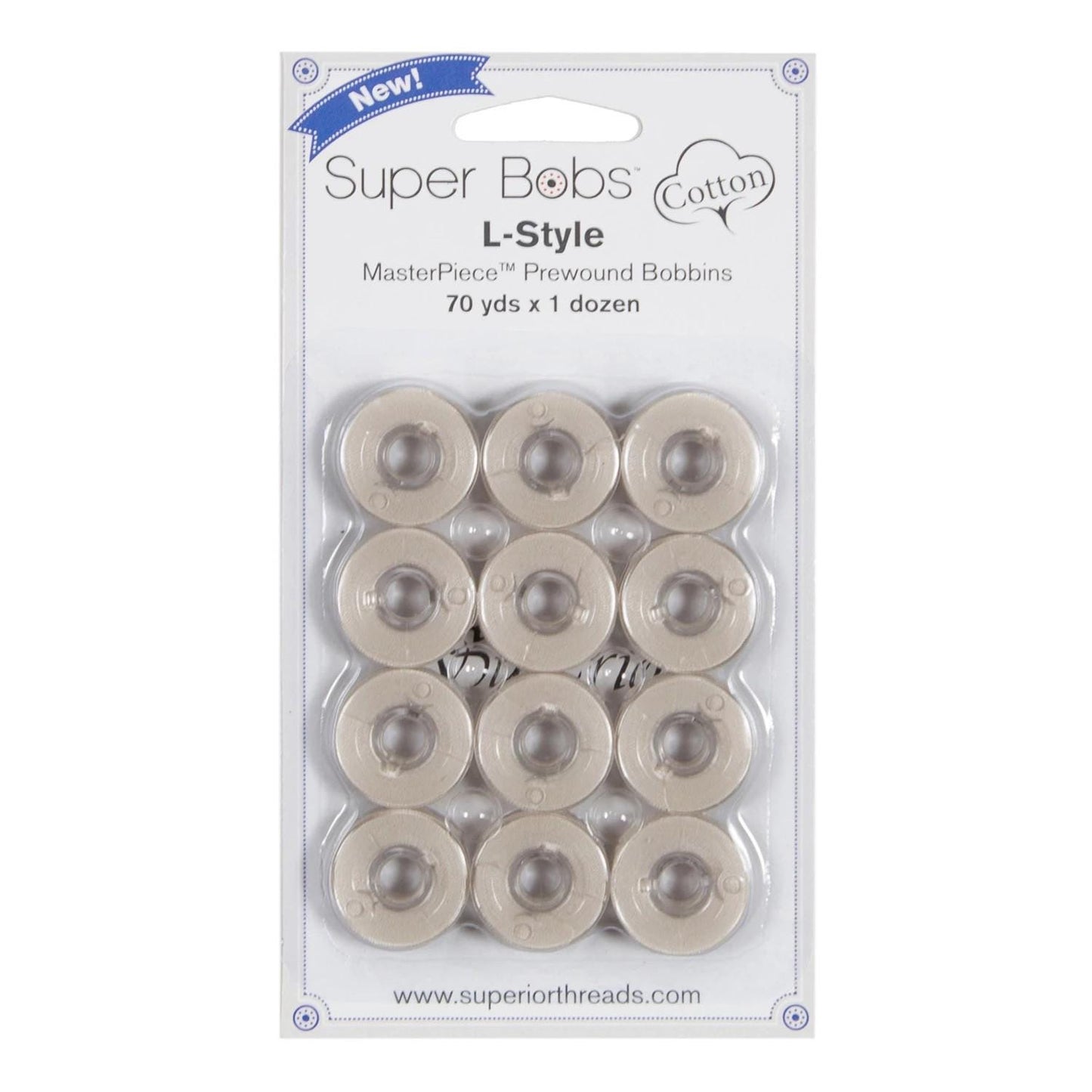 Super Bobs MasterPiece Cotton 70yd Prewound Bobbins 12ct L-Style Canvas 149-12-151