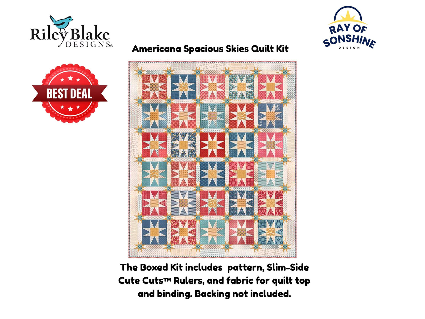 Americana Spacious Skies Quilt Kit includes pattern, Slim-Side Cute Cuts™ Rulers, and fabric for quilt top and binding. Backing not included