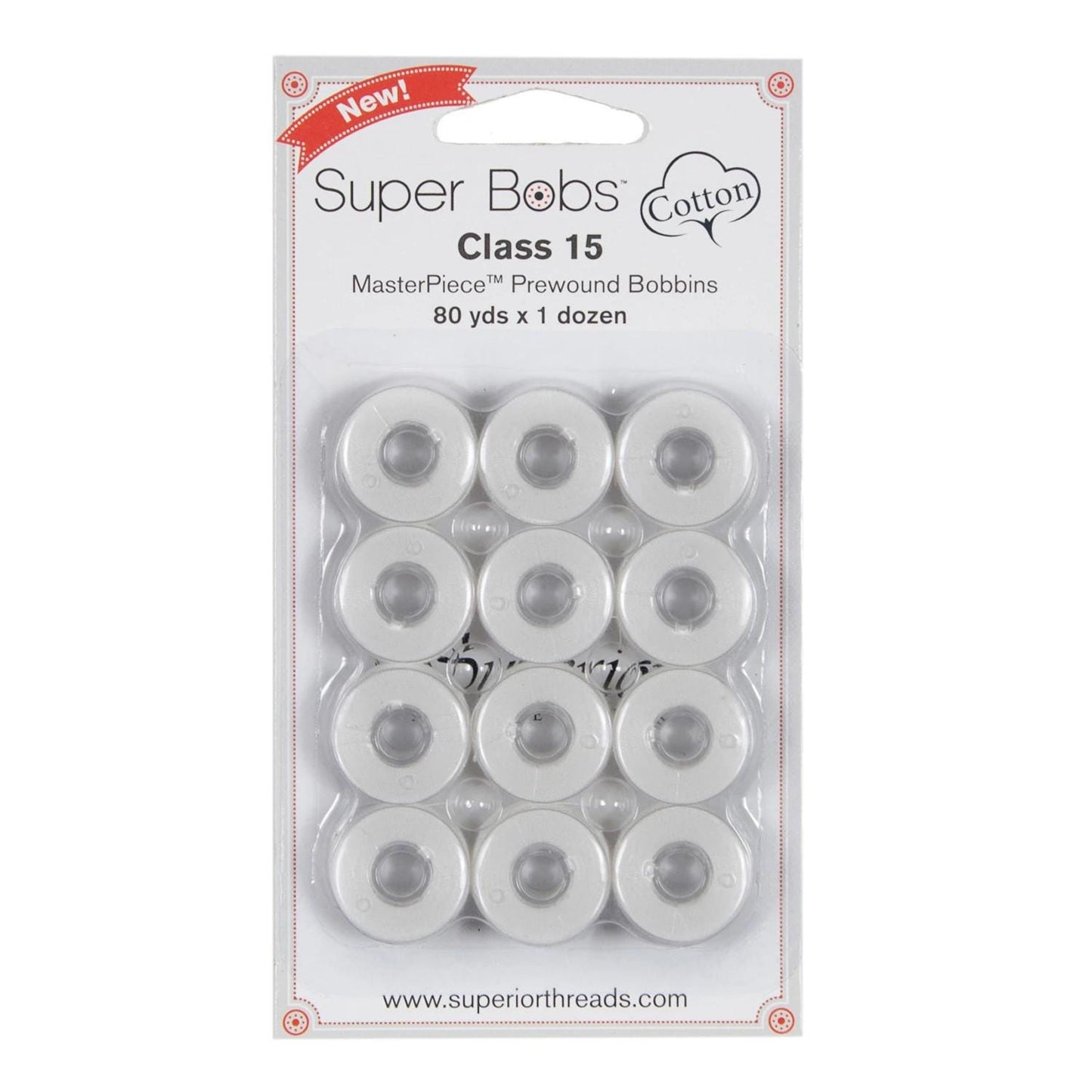 Super Bobs MasterPiece Cotton 80yd Prewound Bobbins 12ct Class 15 Blanc 150-12-186