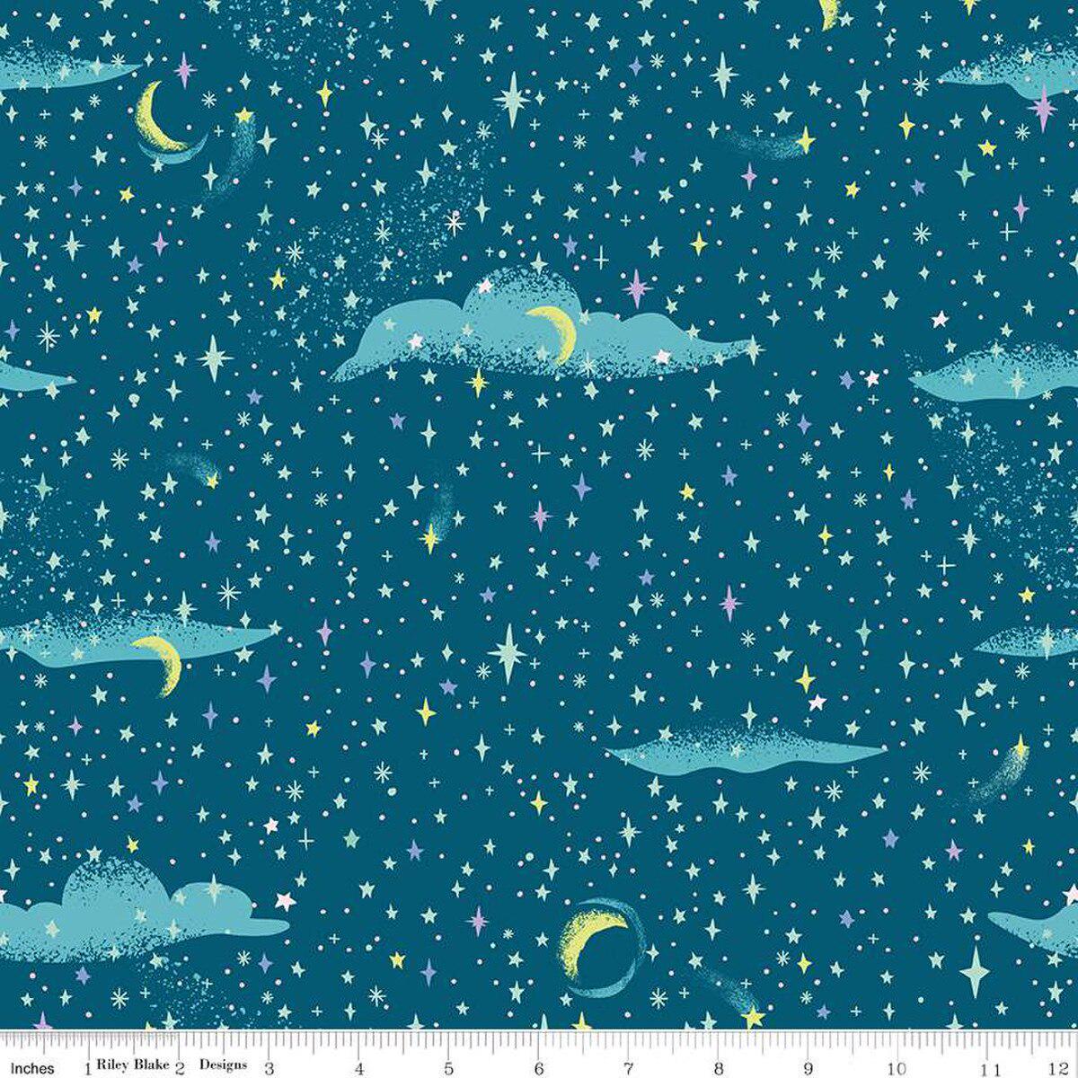 Forever Neverland Pixie Dust Night - C15905-NIGHT - Riley Blake Designs -sky with clouds, moons, and stars - Cotton Fabric by the yard
