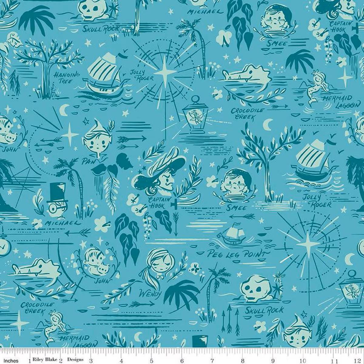 Forever Neverland Neverland Map Lagoon - C15902-PEACOCK - Riley Blake Designs - Map of Neverland - Cotton Fabric by the yard
