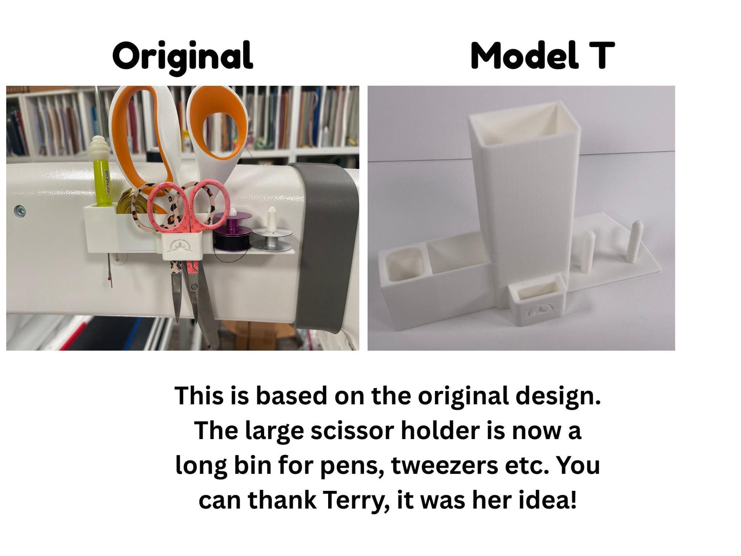 Longarm Caddy Shelf Organizer Model T - Small Scissors, Bobbin, Measuring Tape, Seam Picker and bin for pens, etc - Ray of Sonshine Design