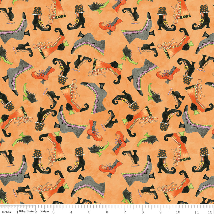 Ghoul Friends Boots Toss Orange Halloween Teresa Kogut Fabric by the Yard