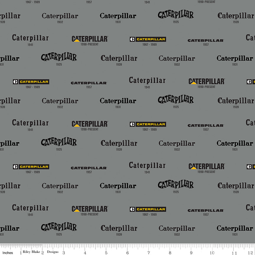 Caterpillar 100 Years Vintage Logos Gray Riley Blake Fabric by the Yard