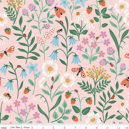 Meadow Moments Blooms and Bugs Pink Fabric by the Yard or Fat Quarter - Riley Blake Designs