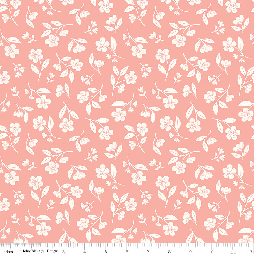 Meadow Moments Drifting Blooms Coral Fabric by the Yard or Fat Quarter - Riley Blake Designs