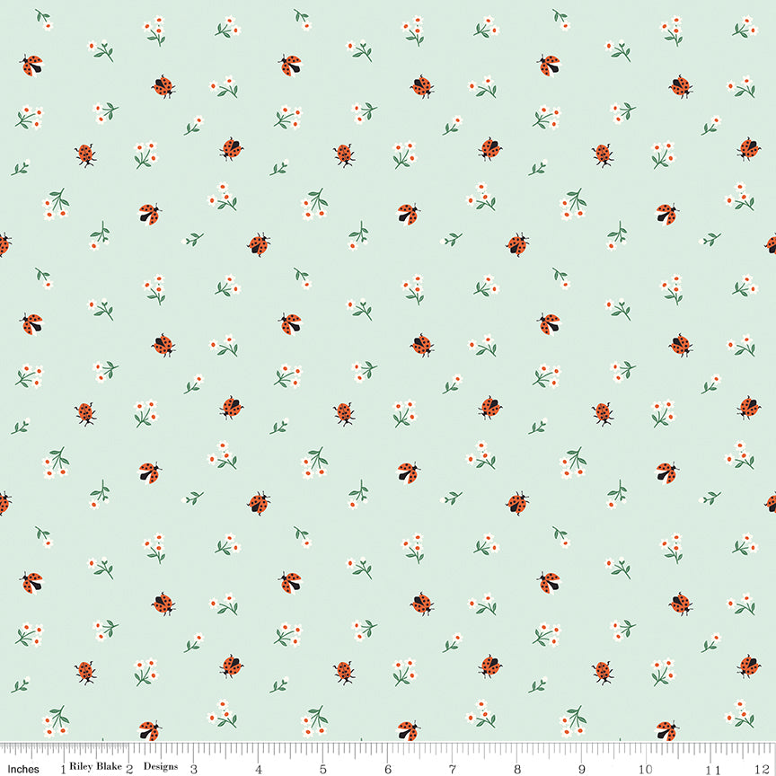 Meadow Moments Ladybugs Mint Fabric by the Yard or Fat Quarter - Riley Blake Designs