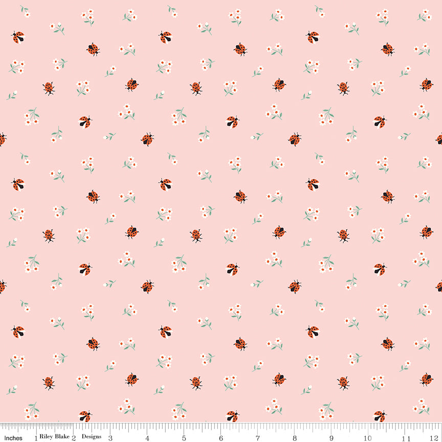 Meadow Moments Ladybugs Pink Fabric by the Yard or Fat Quarter - Riley Blake Designs