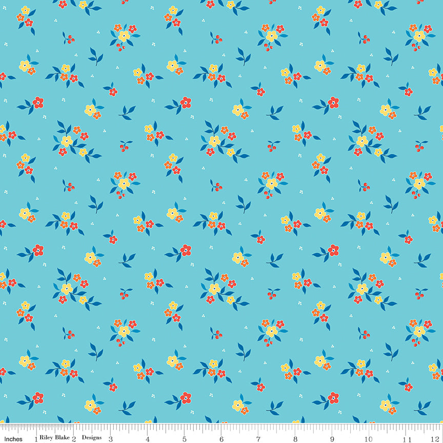 Summer's in Town Floral Aqua Fabric by the Yard or Fat Quarter - Sandy Gervais for Riley Blake Designs
