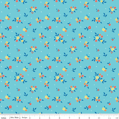 Summer's in Town Floral Aqua Fabric by the Yard or Fat Quarter - Sandy Gervais for Riley Blake Designs