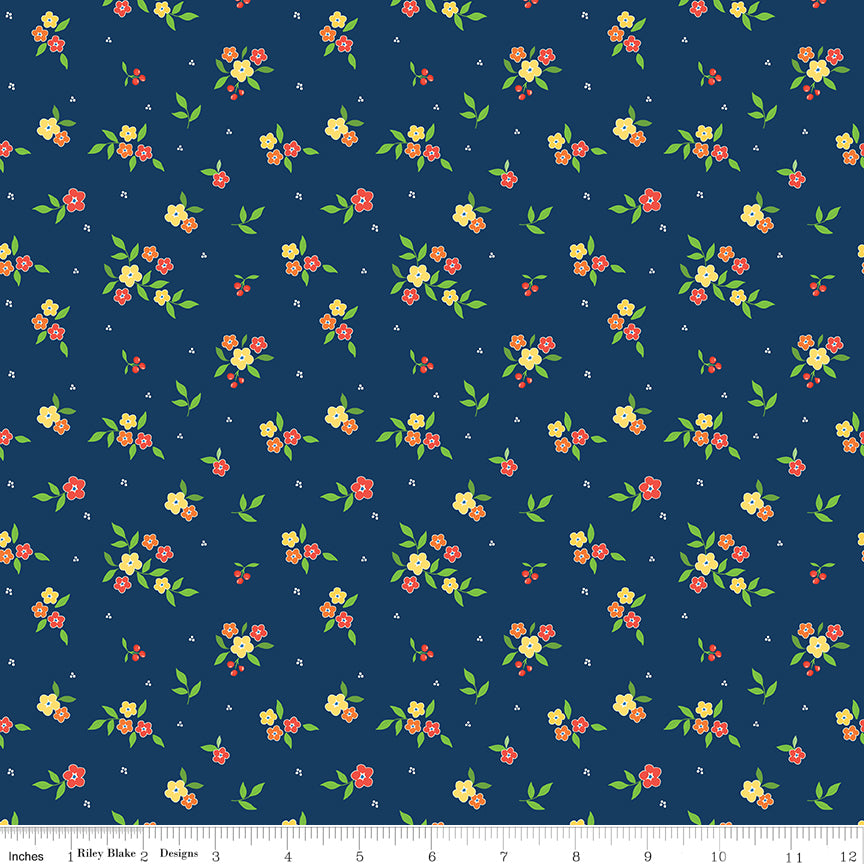 Summer's in Town Floral Navy Fabric by the Yard or Fat Quarter - Sandy Gervais for Riley Blake Designs