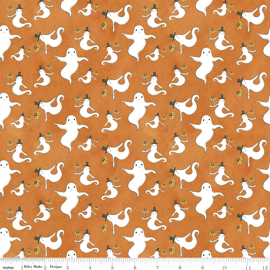 Spooky Ghosts Orange Fabric by the Yard or Fat Quarter - Teresa Kogut for Riley Blake Designs