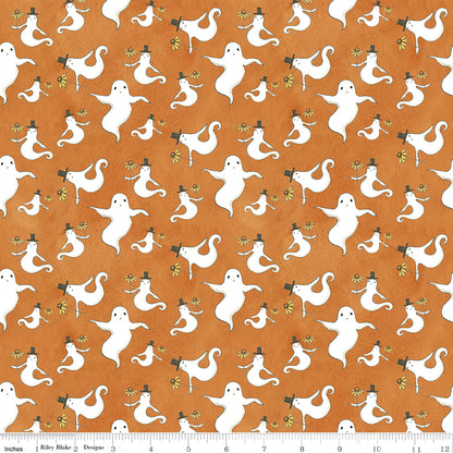 Spooky Ghosts Orange Fabric by the Yard or Fat Quarter - Teresa Kogut for Riley Blake Designs