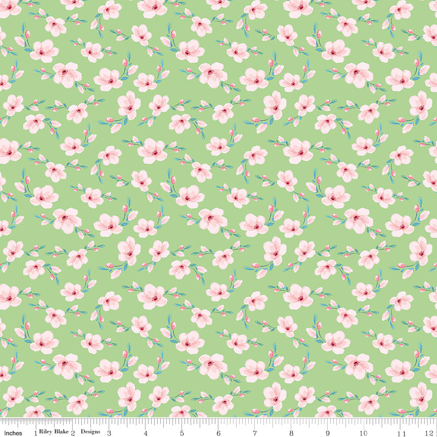 Painted Petals Blossoms Green Fabric by the Yard or Fat Quarter - Lila Tueller for Riley Blake Designs