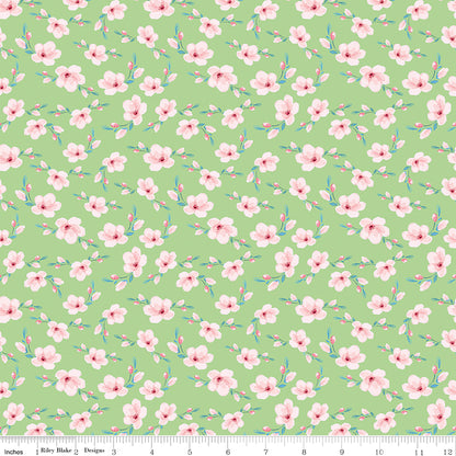 Painted Petals Blossoms Green Fabric by the Yard or Fat Quarter - Lila Tueller for Riley Blake Designs