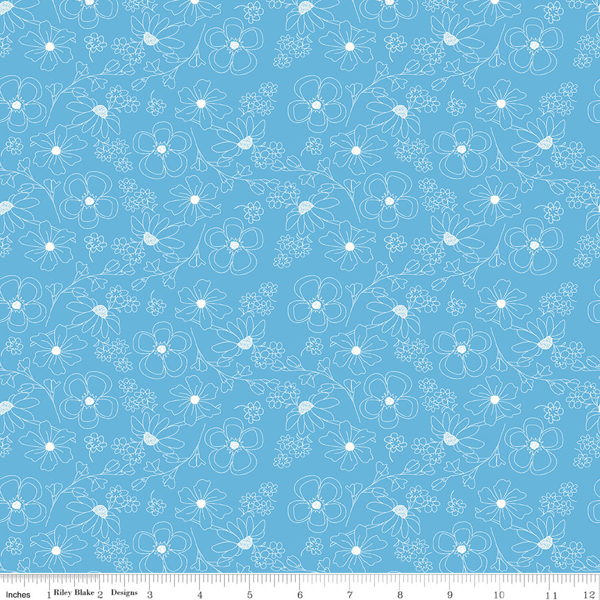 Painted Petals Outlined Flowers Blue Fabric by the Yard or Fat Quarter - Lila Tueller for Riley Blake Designs