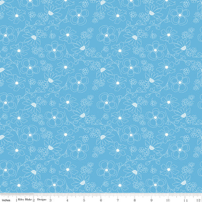 Painted Petals Outlined Flowers Blue Fabric by the Yard or Fat Quarter - Lila Tueller for Riley Blake Designs