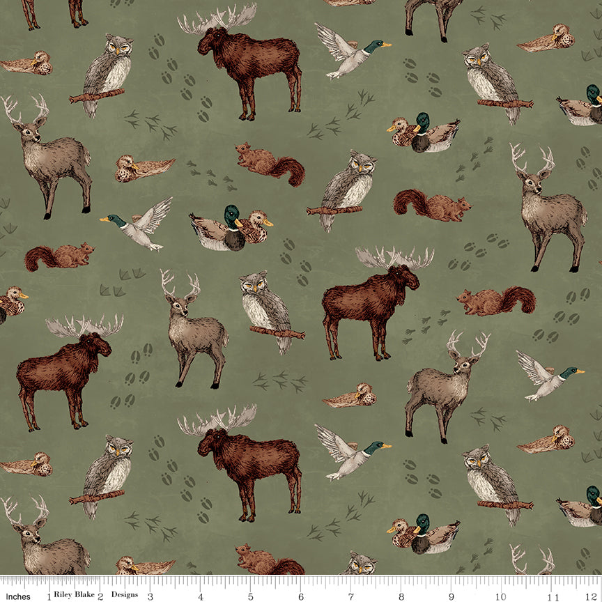Whispering Pines Animal Toss Green Fabric by the Yard