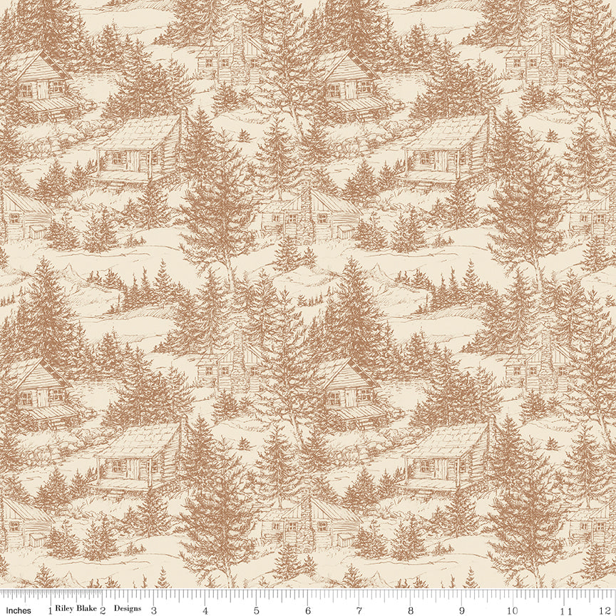 Whispering Pines Cabins Brown Fabric by the Yard