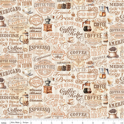 Coffee Time Text Cream Fabric by the Yard or Fat Quarter - Riley Blake Designs