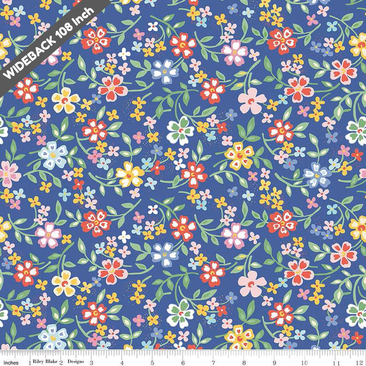 Always in Season Blooming Bright - Black Riley Blake 107/108" Wide Back Cotton Fabric - WB15111 - BLUE - Ray of Sonshine Design