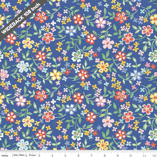 Always in Season Blooming Bright - Black Riley Blake 107/108" Wide Back Cotton Fabric - WB15111 - BLUE - Ray of Sonshine Design