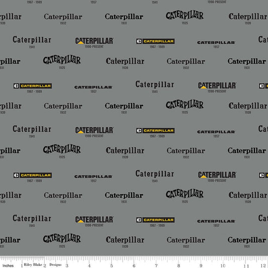 Caterpillar 100 Years Vintage Logos Gray Riley Blake Fabric by the Yard - Ray of Sonshine Design