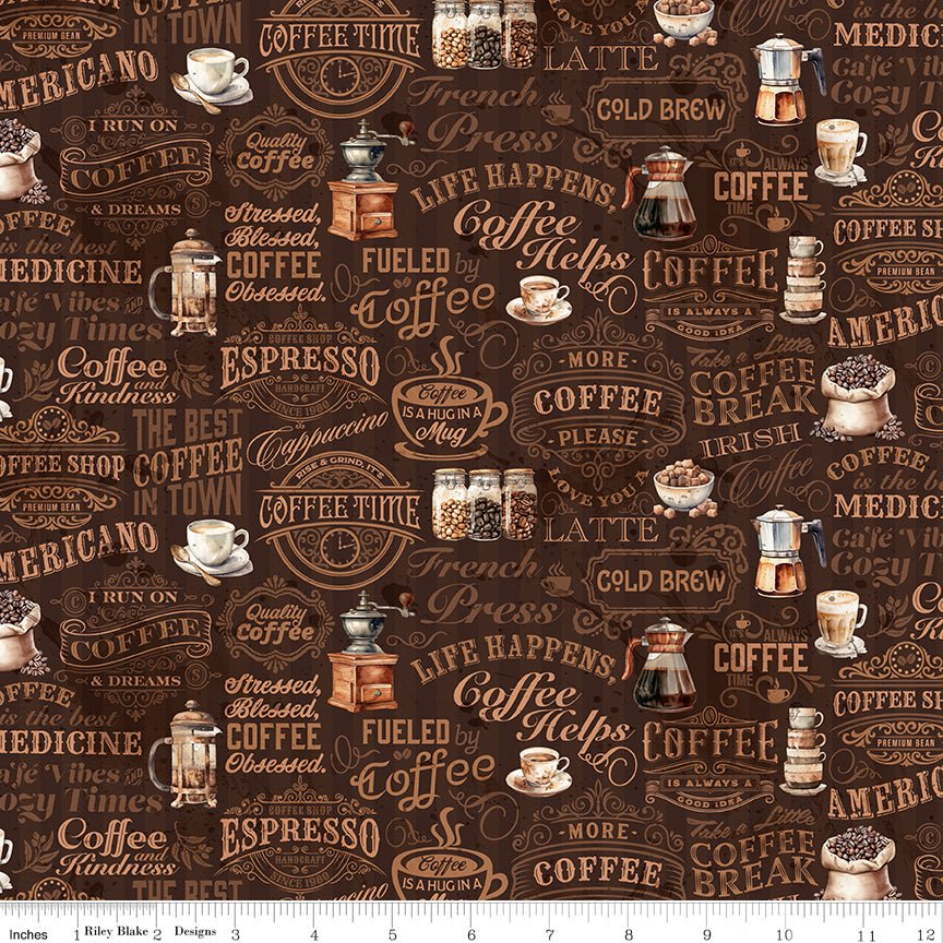 Coffee Time Text Brown Quilting Cotton Fabric by Riley Blake Designs - Ray of Sonshine Design