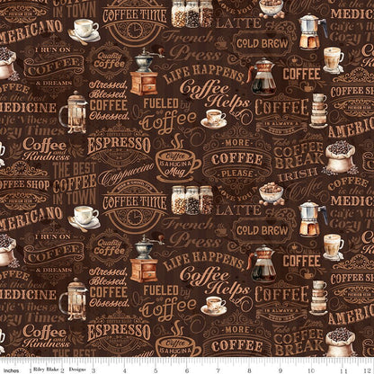 Coffee Time Text Brown Quilting Cotton Fabric by Riley Blake Designs - Ray of Sonshine Design