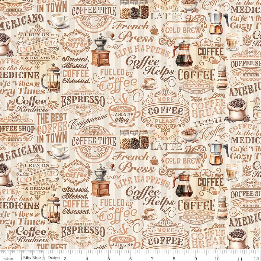 Coffee Time Text Cream Fabric by the Yard or Fat Quarter - Riley Blake Designs - Ray of Sonshine Design
