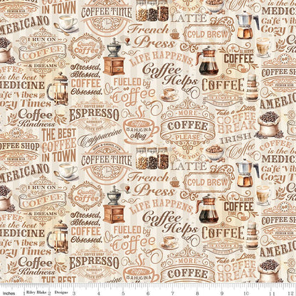 Coffee Time Text Cream Fabric by the Yard or Fat Quarter - Riley Blake Designs - Ray of Sonshine Design