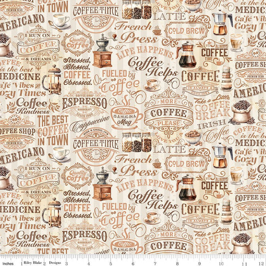 Coffee Time Text Cream Fabric by the Yard or Fat Quarter - Riley Blake Designs - Ray of Sonshine Design