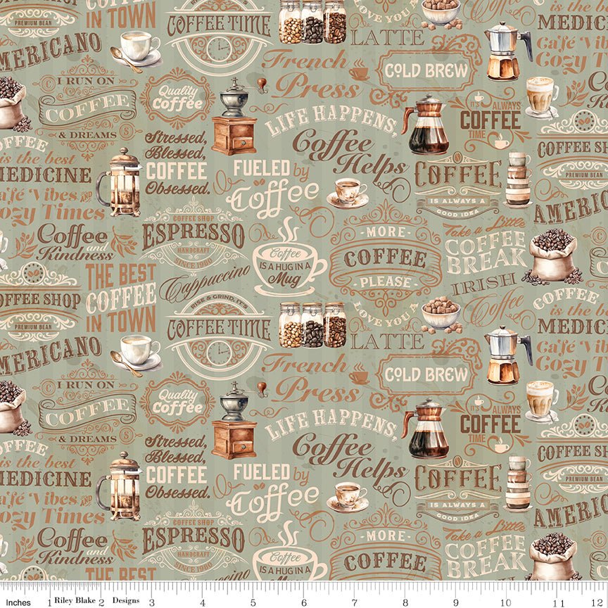 Coffee Time Text in Sage – Riley Blake Quilting Cotton Fabric - Ray of Sonshine Design