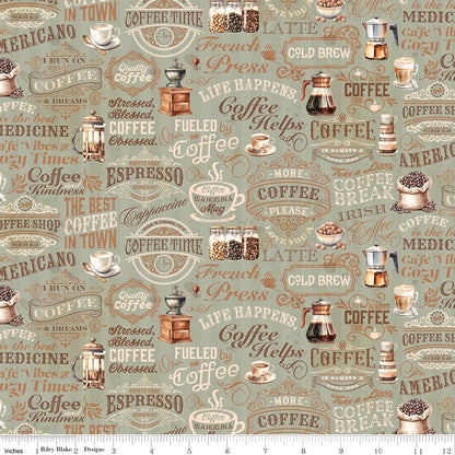 Coffee Time Text in Sage – Riley Blake Quilting Cotton Fabric - Ray of Sonshine Design
