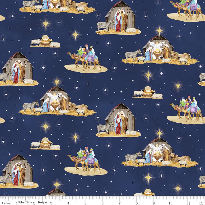 Come Let Us Adore Him Main Green - Riley Blake Designs - Christmas Holiday Fabric by the yard - CD16310 - NAVY - Ray of Sonshine Design