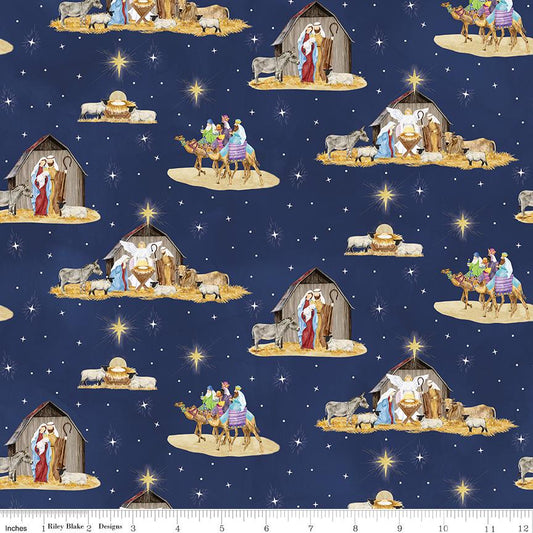 Come Let Us Adore Him Main Green - Riley Blake Designs - Christmas Holiday Fabric by the yard - CD16310 - NAVY - Ray of Sonshine Design