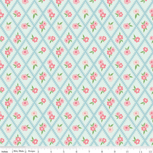 Correspondence Stitched Flowers Washed Denim Riley Blake Designs Cotton Fabric by the Yard - Ray of Sonshine Design