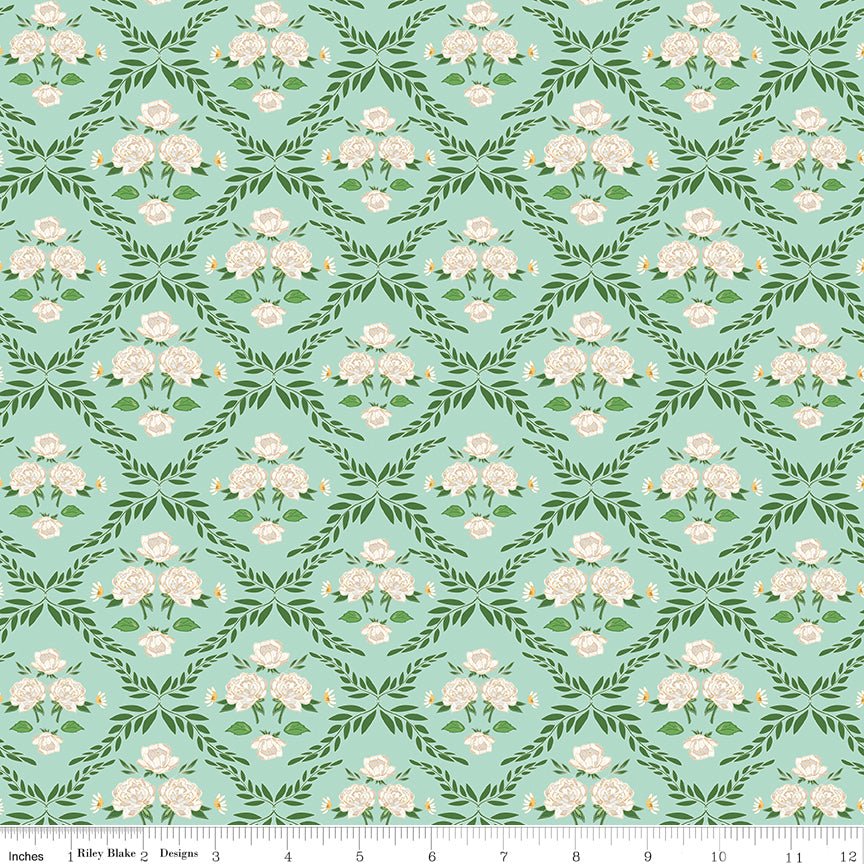 Correspondence Trellis Damask Mint Riley Blake Fabric by the Yard - Ray of Sonshine Design