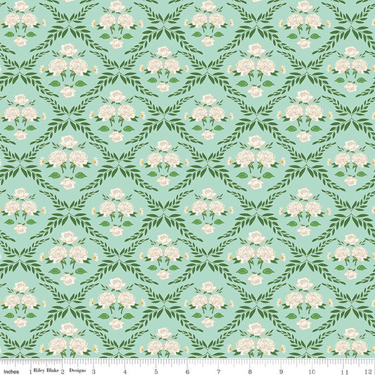 Correspondence Trellis Damask Mint Riley Blake Fabric by the Yard - Ray of Sonshine Design