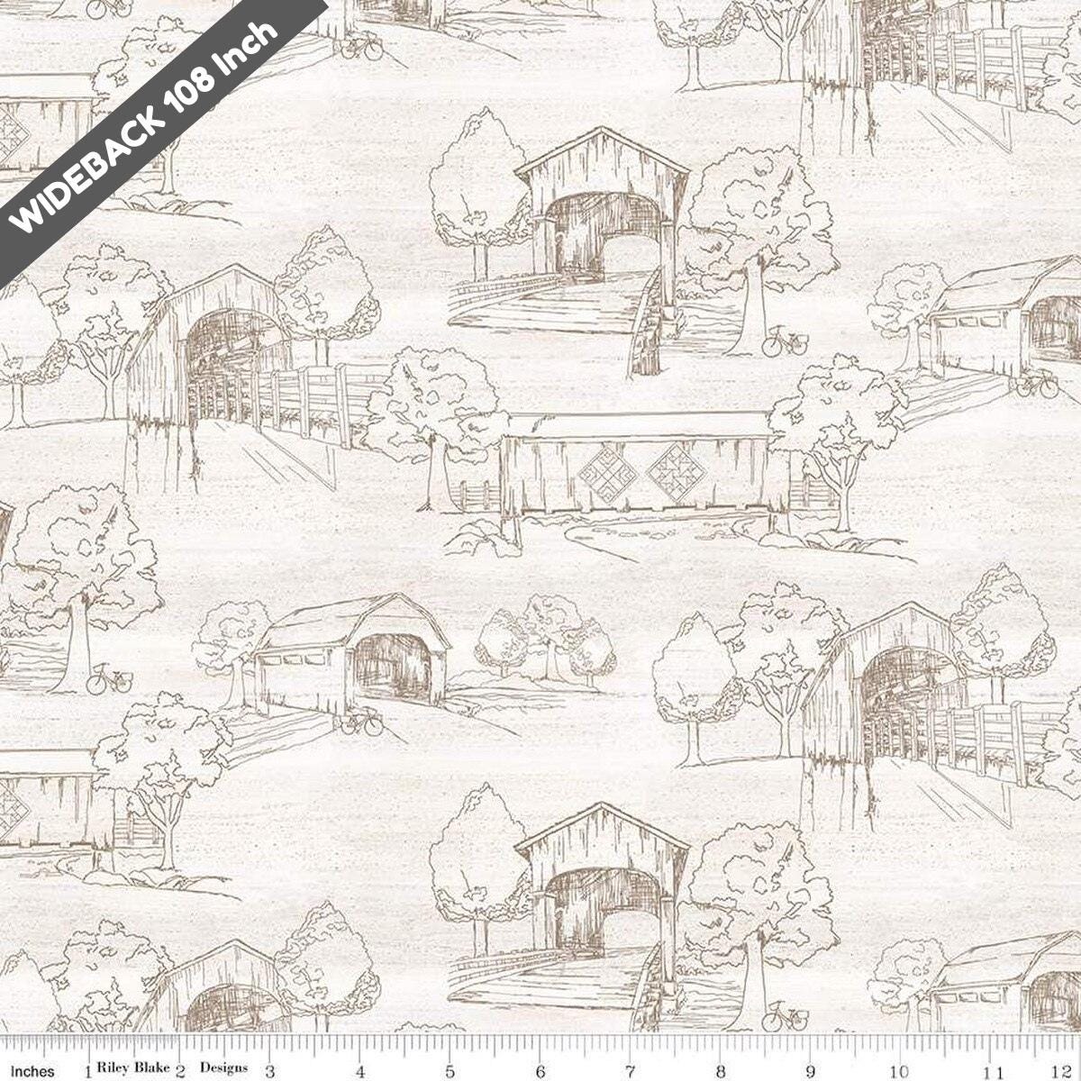 Covered Bridges in Spring Toile White - Black Riley Blake 107/108" Wide Back Cotton Fabric - WB15828 - WHITE - Ray of Sonshine Design
