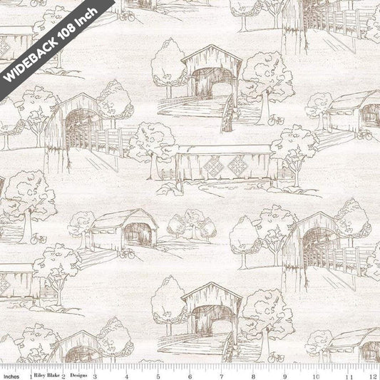 Covered Bridges in Spring Toile White - Black Riley Blake 107/108" Wide Back Cotton Fabric - WB15828 - WHITE - Ray of Sonshine Design