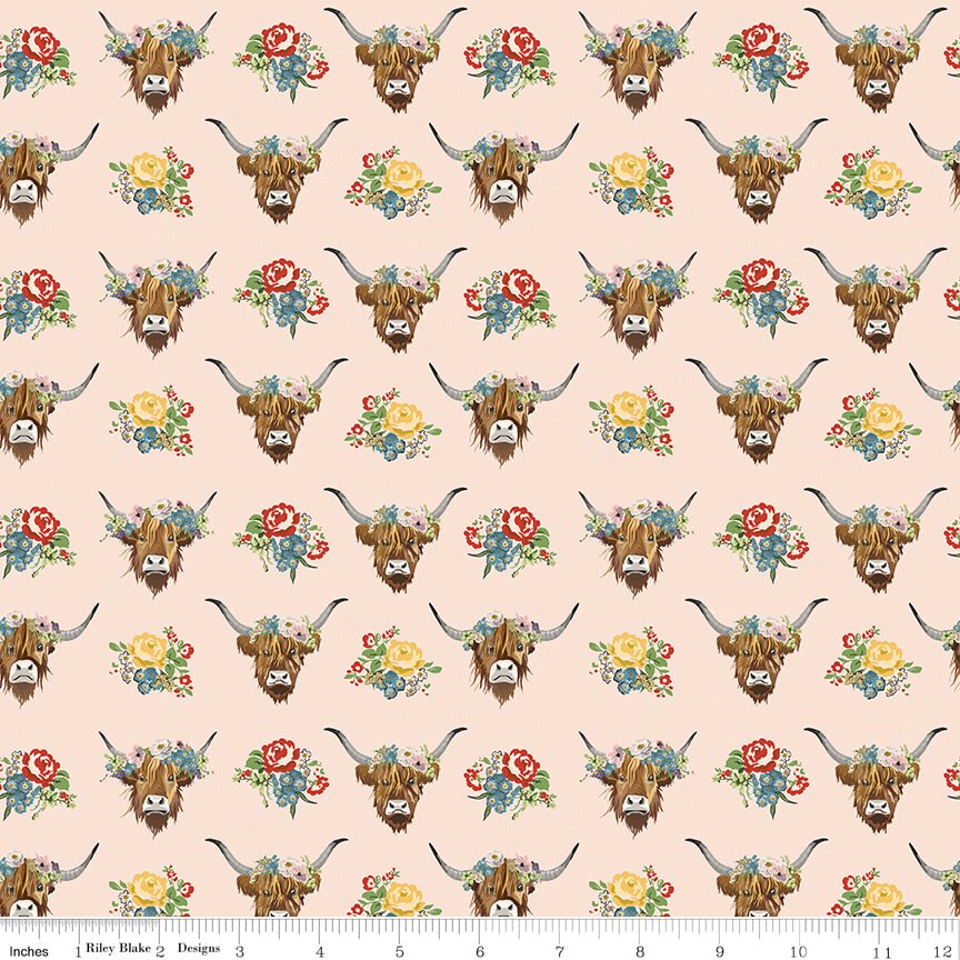 Cowgirl Highland Cows Blush Riley Blake Designs Fabric by the Yard - Ray of Sonshine Design