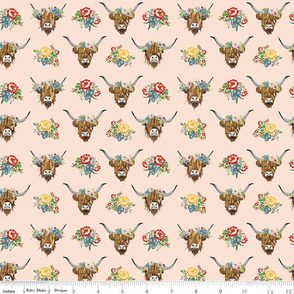 Cowgirl Highland Cows Blush Riley Blake Designs Fabric by the Yard - Ray of Sonshine Design