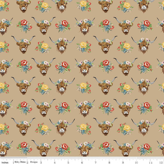 Cowgirl Highland Cows Brown Riley Blake Designs Fabric by the Yard - Ray of Sonshine Design