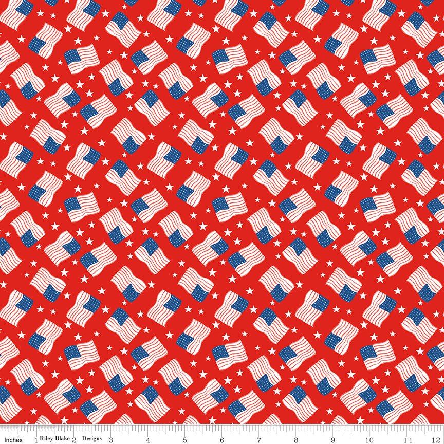 Firecracker Flags Red Hen – Stars & American Flags Print Fabric by the Yard - Ray of Sonshine Design