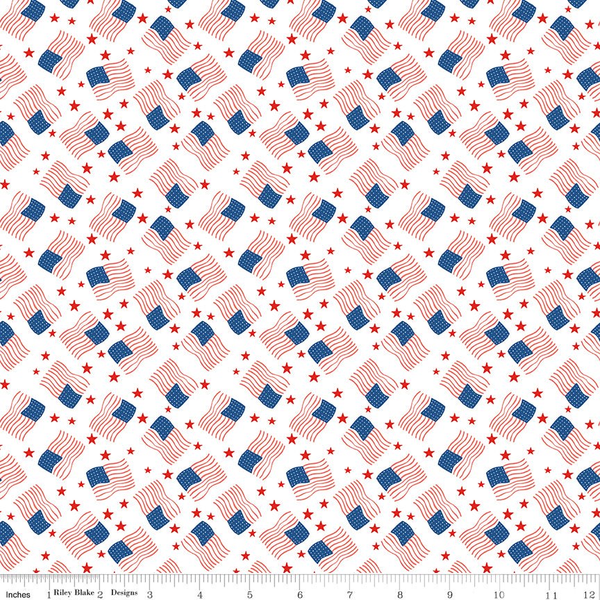 Firecracker Flags White — 100% Cotton Quilting Fabric, By the Yard - Ray of Sonshine Design