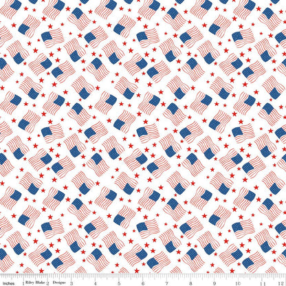 Firecracker Flags White — 100% Cotton Quilting Fabric, By the Yard - Ray of Sonshine Design