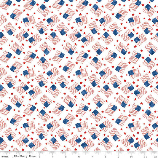 Firecracker Flags White — 100% Cotton Quilting Fabric, By the Yard - Ray of Sonshine Design